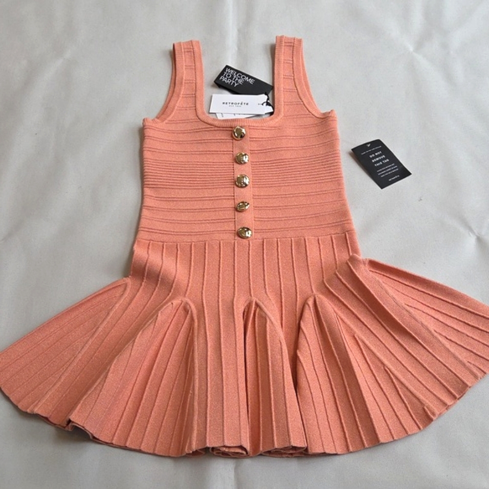 NWT$398 Retrofete Brooke Bandage Flared Mini Dress in Metallic Peach Pink Sz Med - Picture 12 of 16